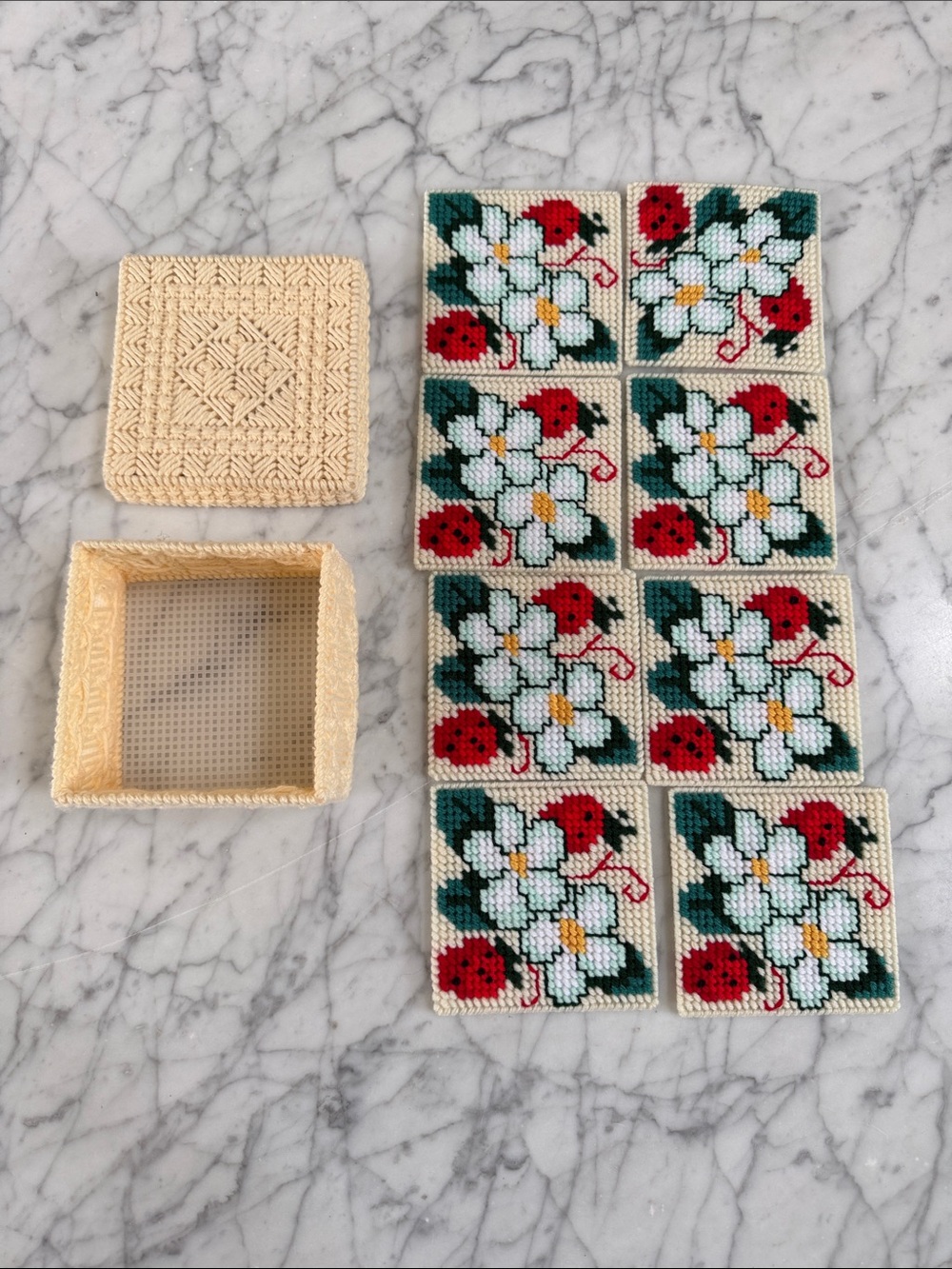 Handmade Vintage Floral Ladybug Coaster Set in Cream and Red
